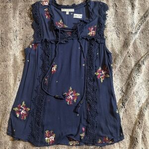 Daniel Rainn Navy Blue Embroidered Floral Blouse / Tank Sleeveless Women's Large